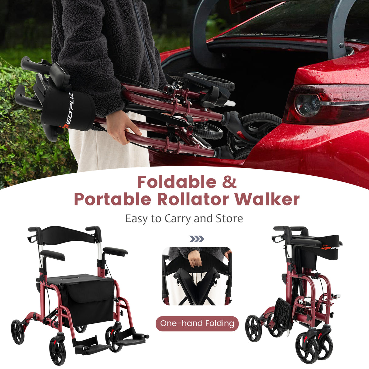Folding Rollator Walker with Seat and Wheels Supports up to 300 lbs-Black