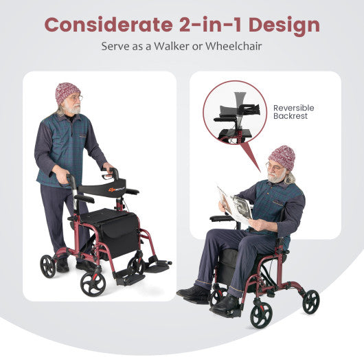 Folding Rollator Walker with Seat and Wheels Supports up to 300 lbs-Red
