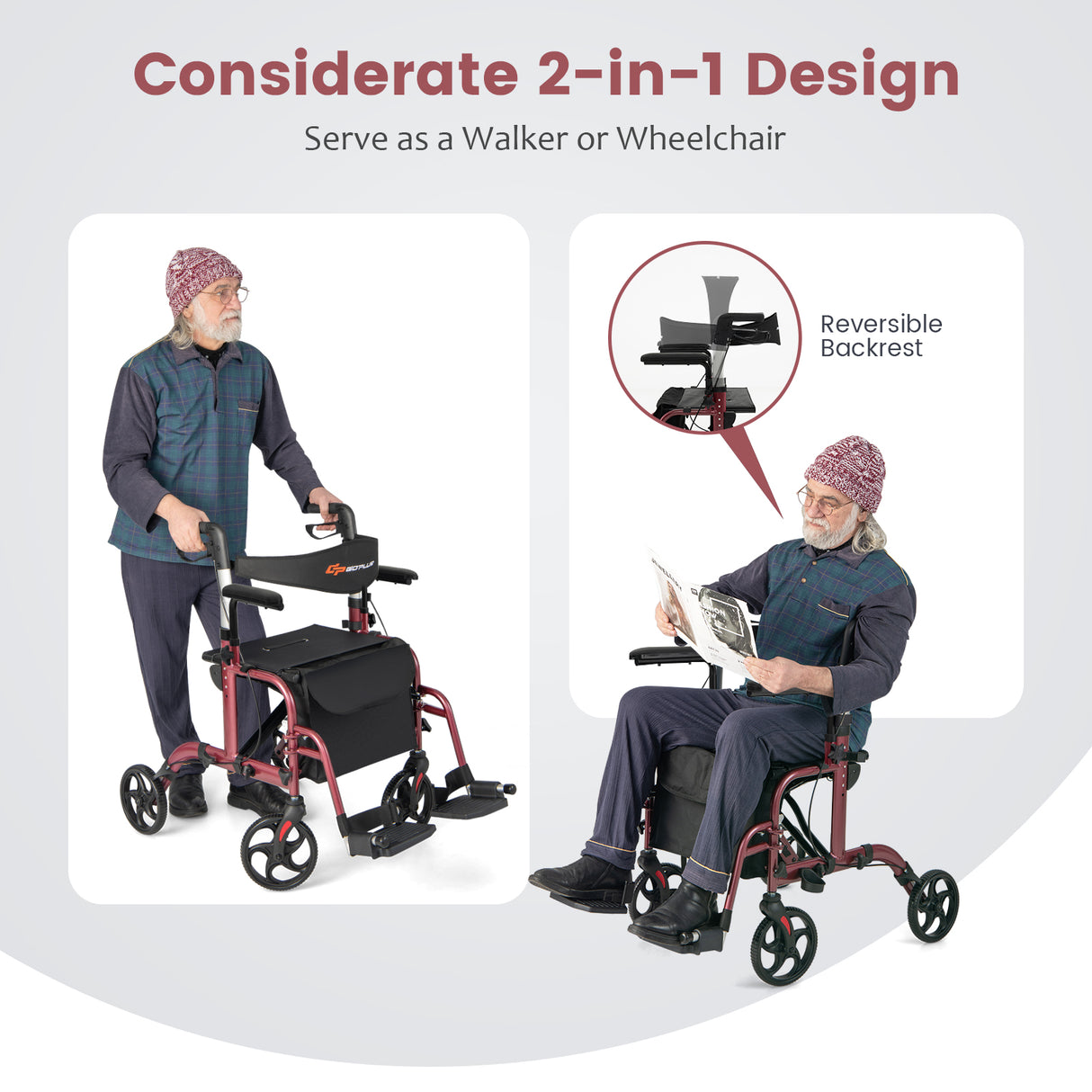 Folding Rollator Walker with Seat and Wheels Supports up to 300 lbs-Black