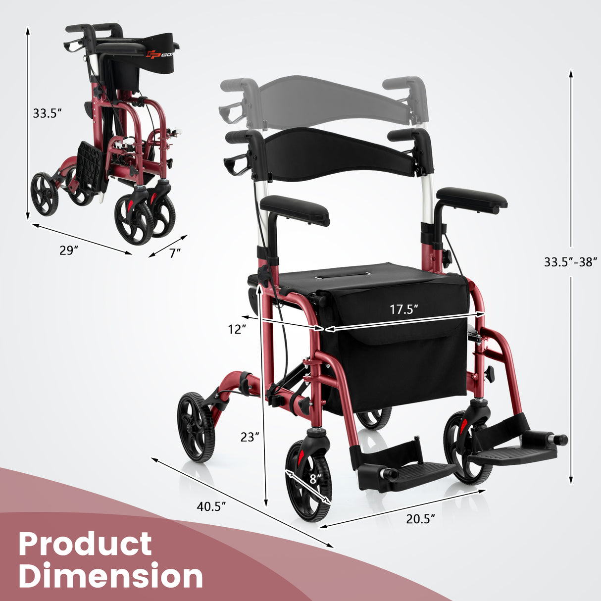 Folding Rollator Walker with Seat and Wheels Supports up to 300 lbs-Black