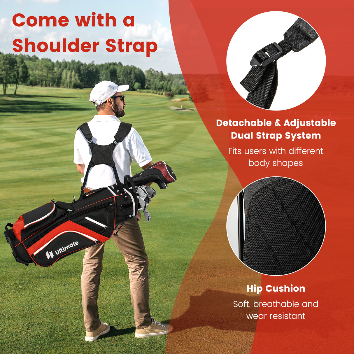 Lightweight Golf Stand Bag with 14 Way Top Dividers and 6 Pockets-Red
