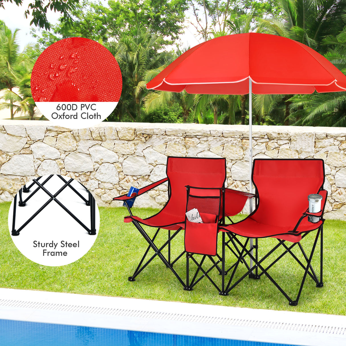 Portable Folding Picnic Double Chair with Umbrella-Blue