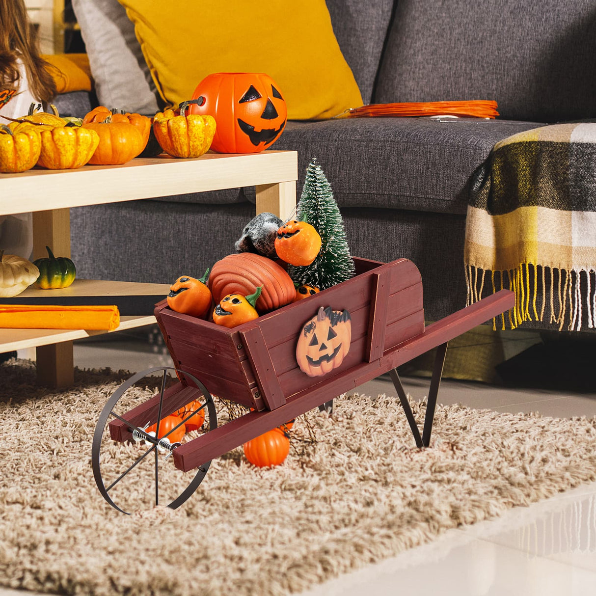 Wooden Wagon Planter with 9 Magnetic Accessories for Garden Yard-Walnut