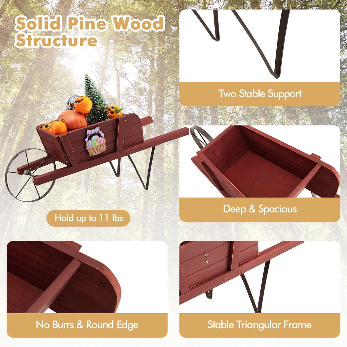 Wooden Wagon Planter with 9 Magnetic Accessories for Garden Yard-Walnut