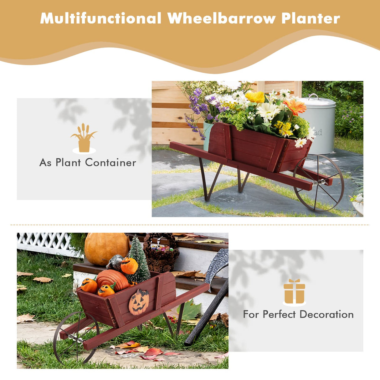 Wooden Wagon Planter with 9 Magnetic Accessories for Garden Yard-Walnut