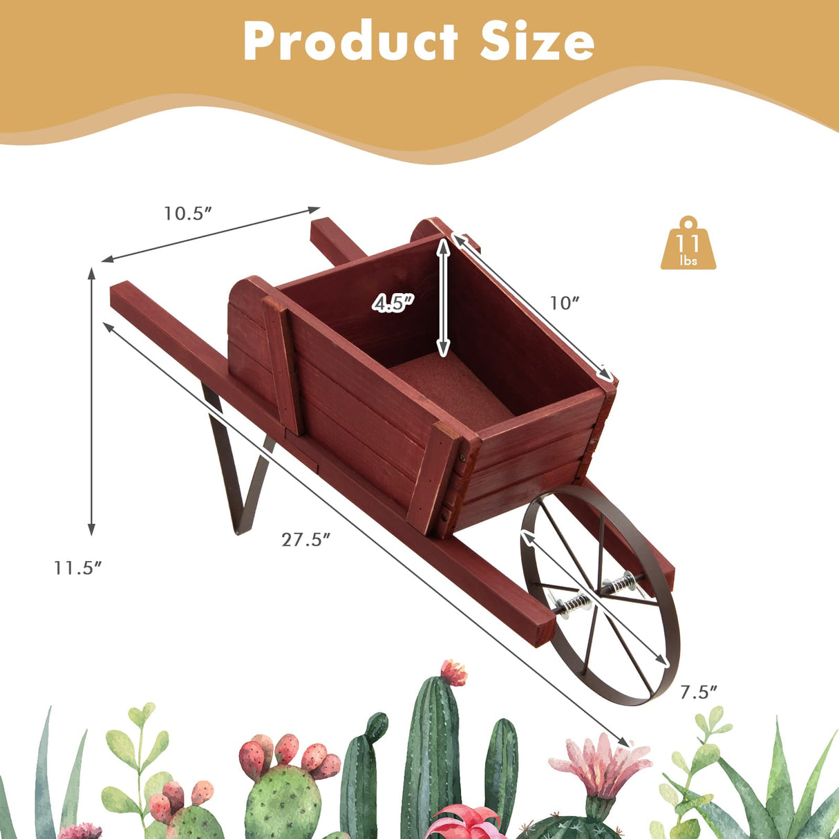Wooden Wagon Planter with 9 Magnetic Accessories for Garden Yard-Walnut