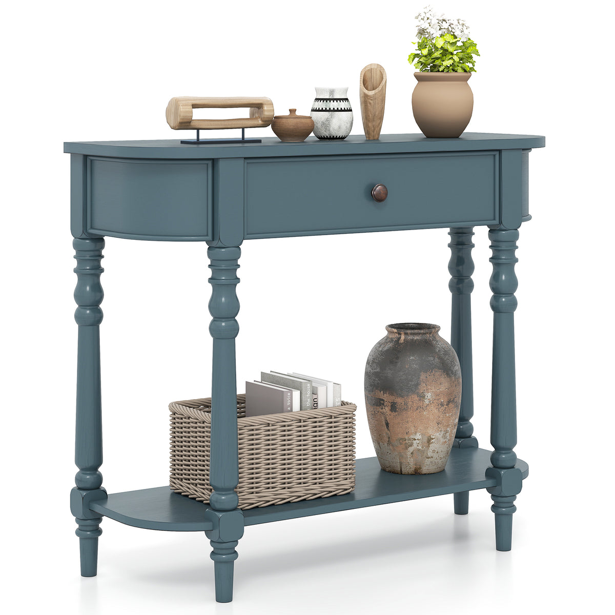 Retro Console Table36"L Wooden 2-Tier Narrow Behind Couch Foyer Table-Blue