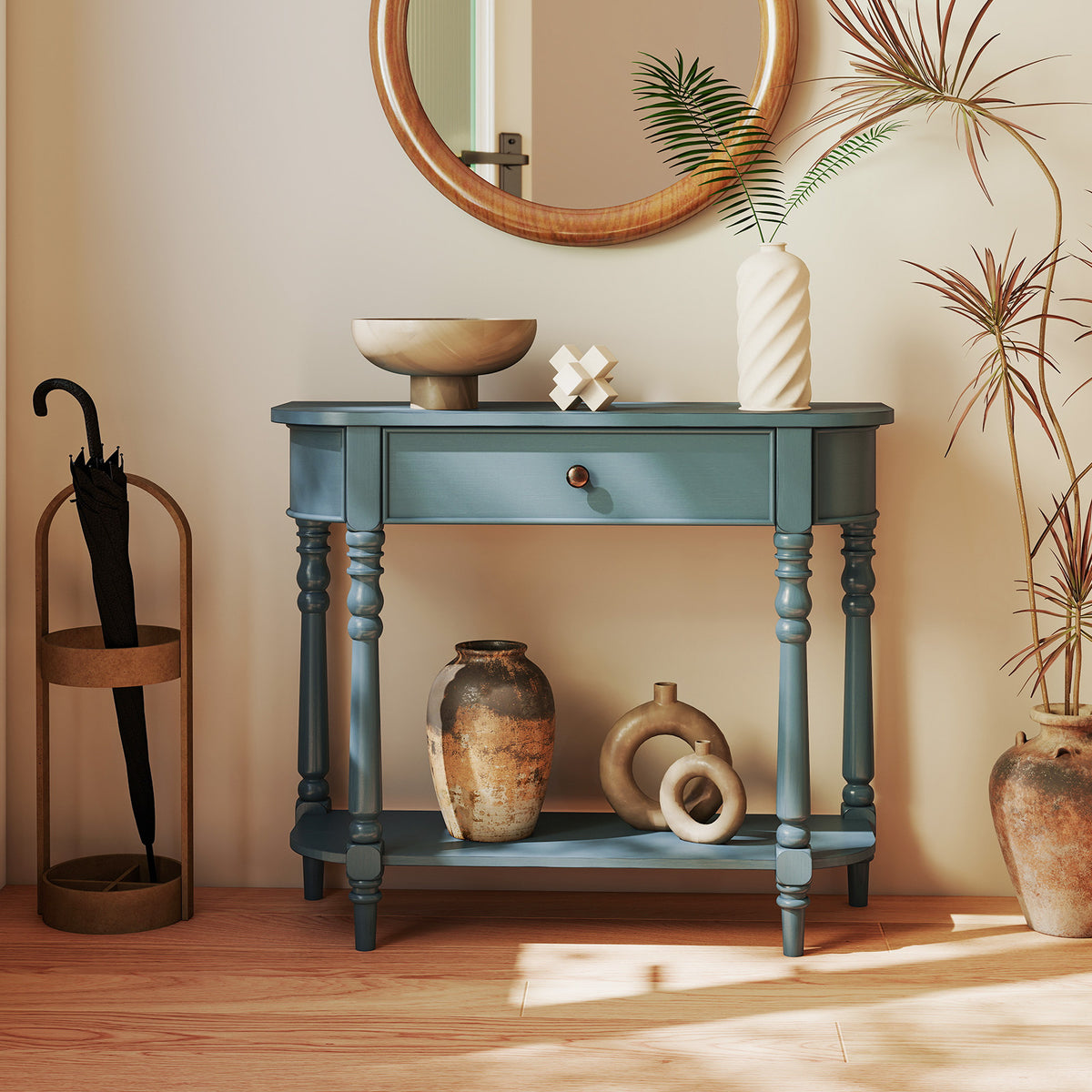 Retro Console Table36"L Wooden 2-Tier Narrow Behind Couch Foyer Table-Blue
