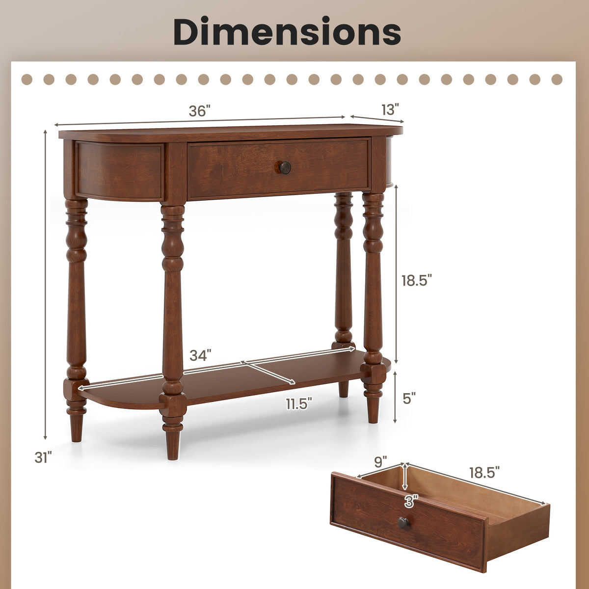 Retro Console Table 36"L Wooden 2-Tier Narrow Behind Couch Foyer Table-Brown