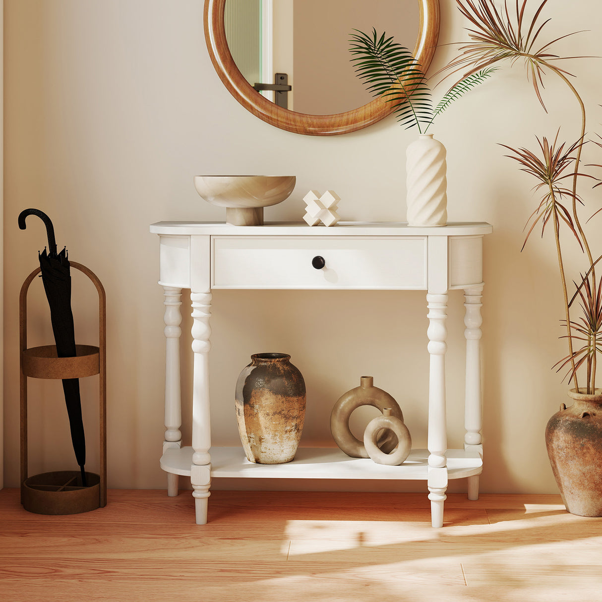 Retro Console Table 36"L Wooden 2-Tier Narrow Behind Couch Foyer Table-White