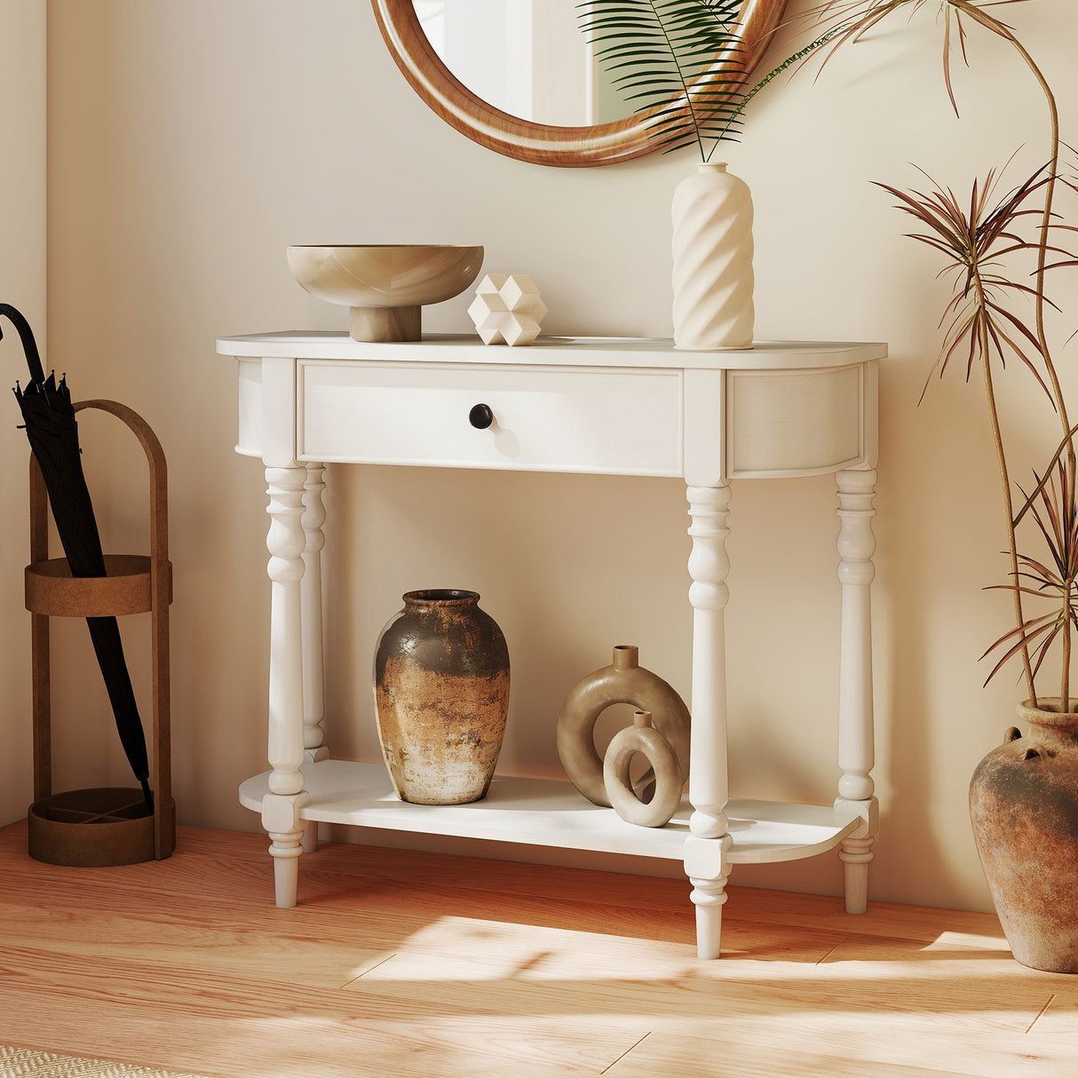 Retro Console Table 36"L Wooden 2-Tier Narrow Behind Couch Foyer Table-White