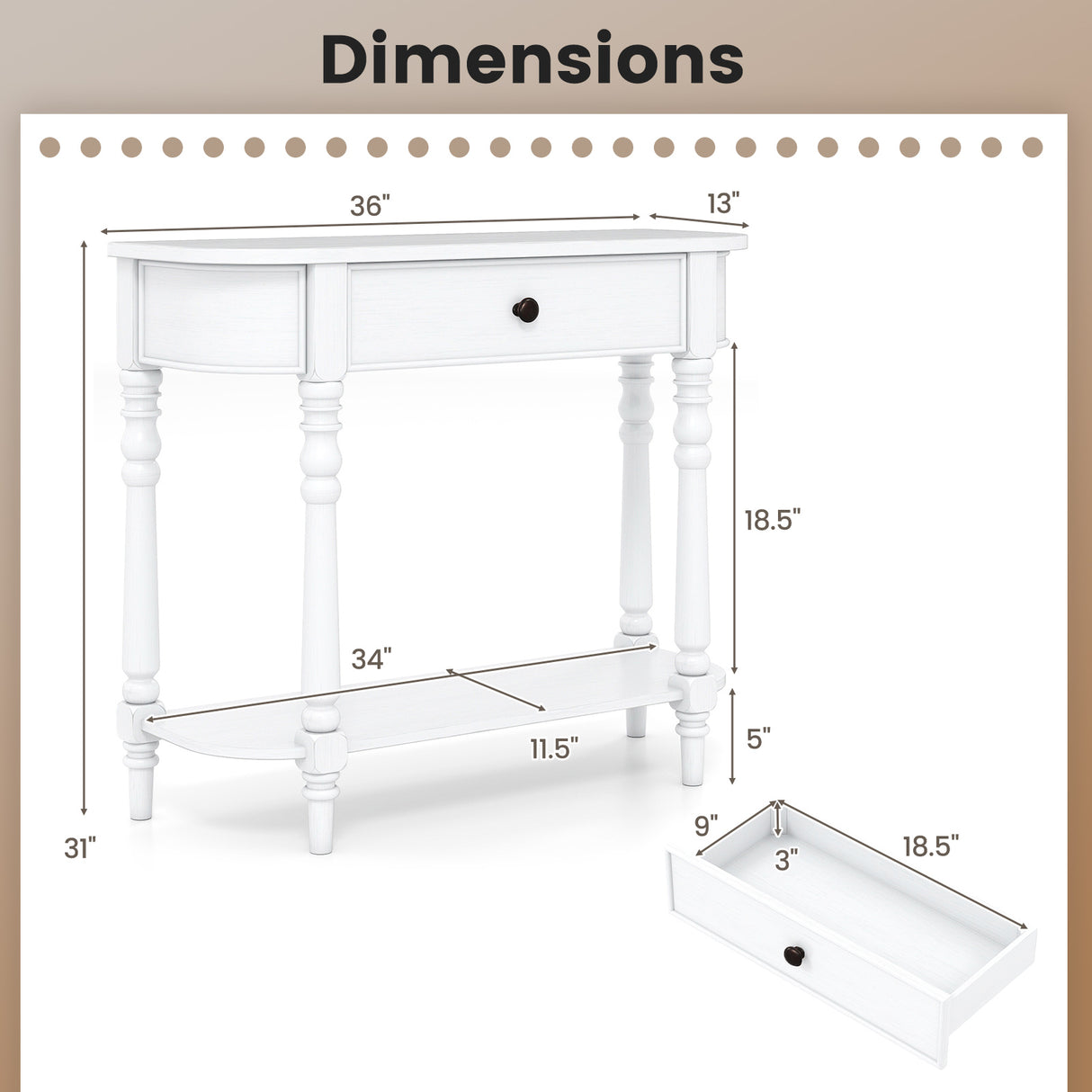 Retro Console Table 36"L Wooden 2-Tier Narrow Behind Couch Foyer Table-White