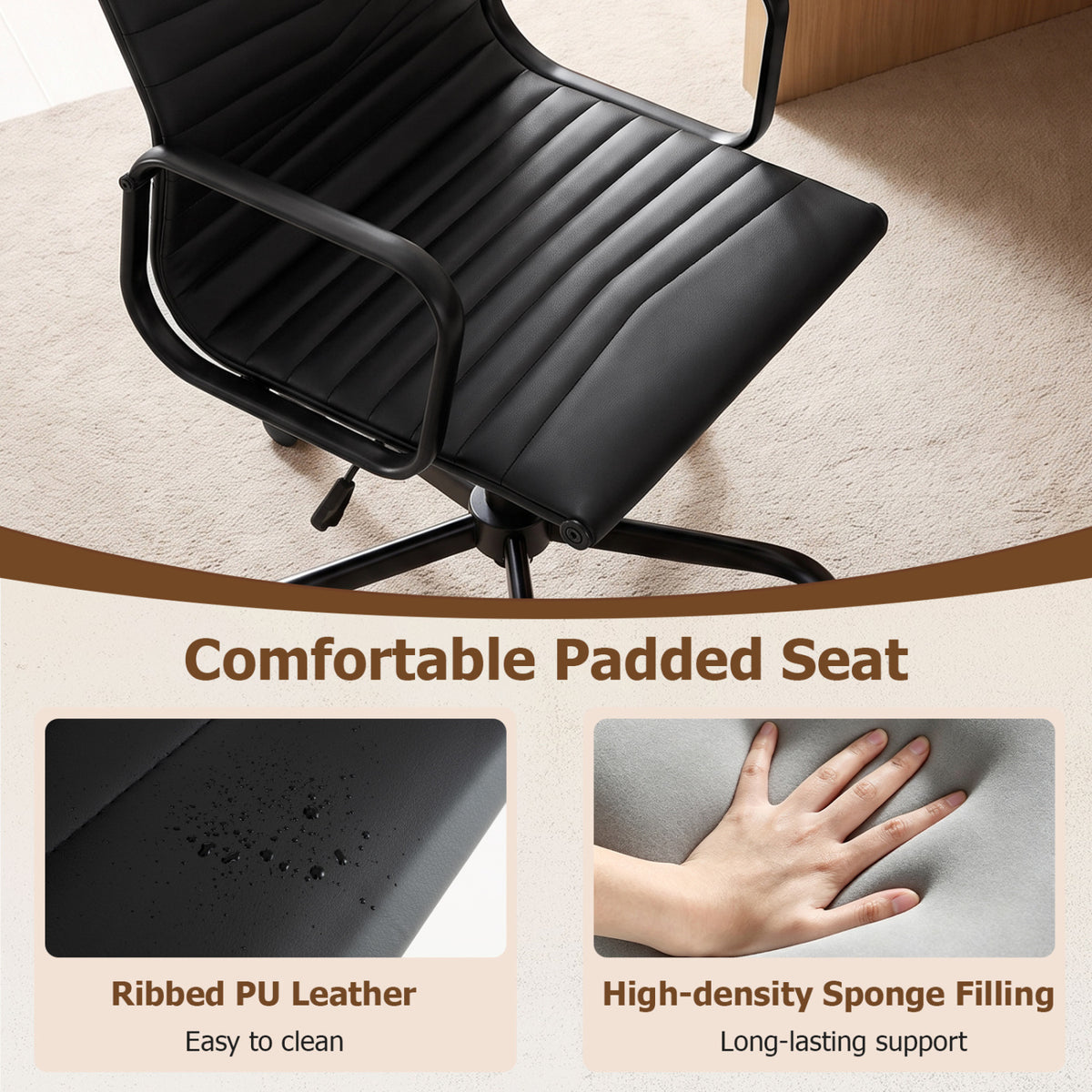 Ribbed Office Chair High Back PU Leather for Home Office with Adjustable Height-Black