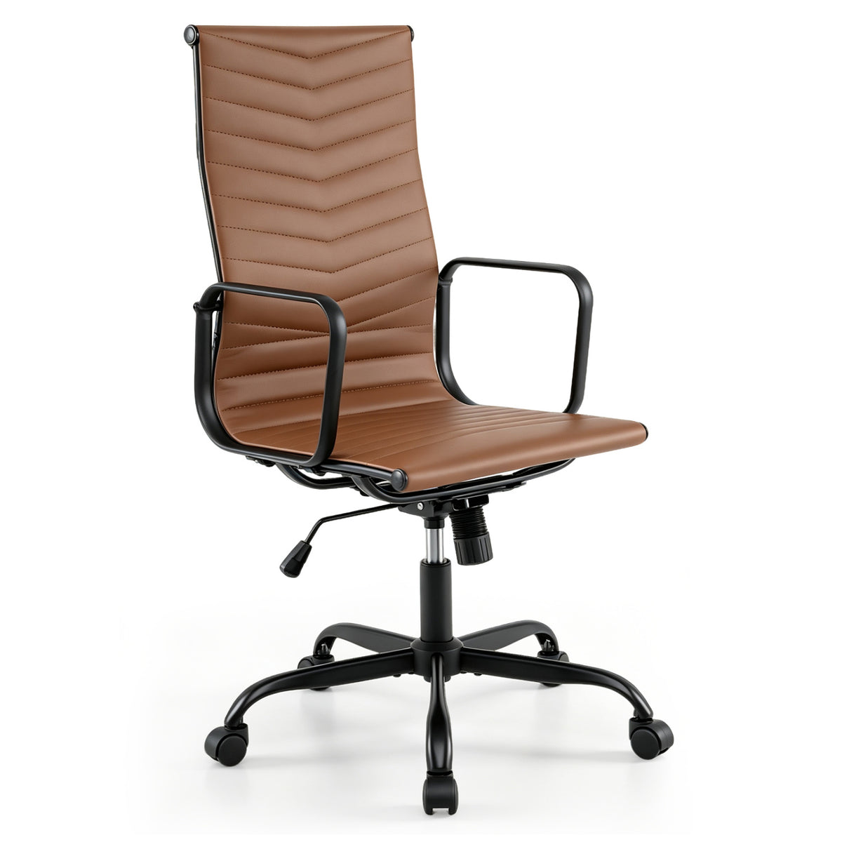 Ribbed Office Chair High Back PU Leather for Home Office with Adjustable Height-Brown
