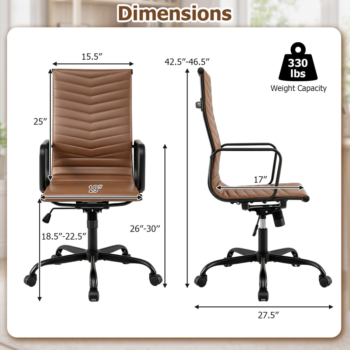Ribbed Office Chair High Back PU Leather for Home Office with Adjustable Height-Brown