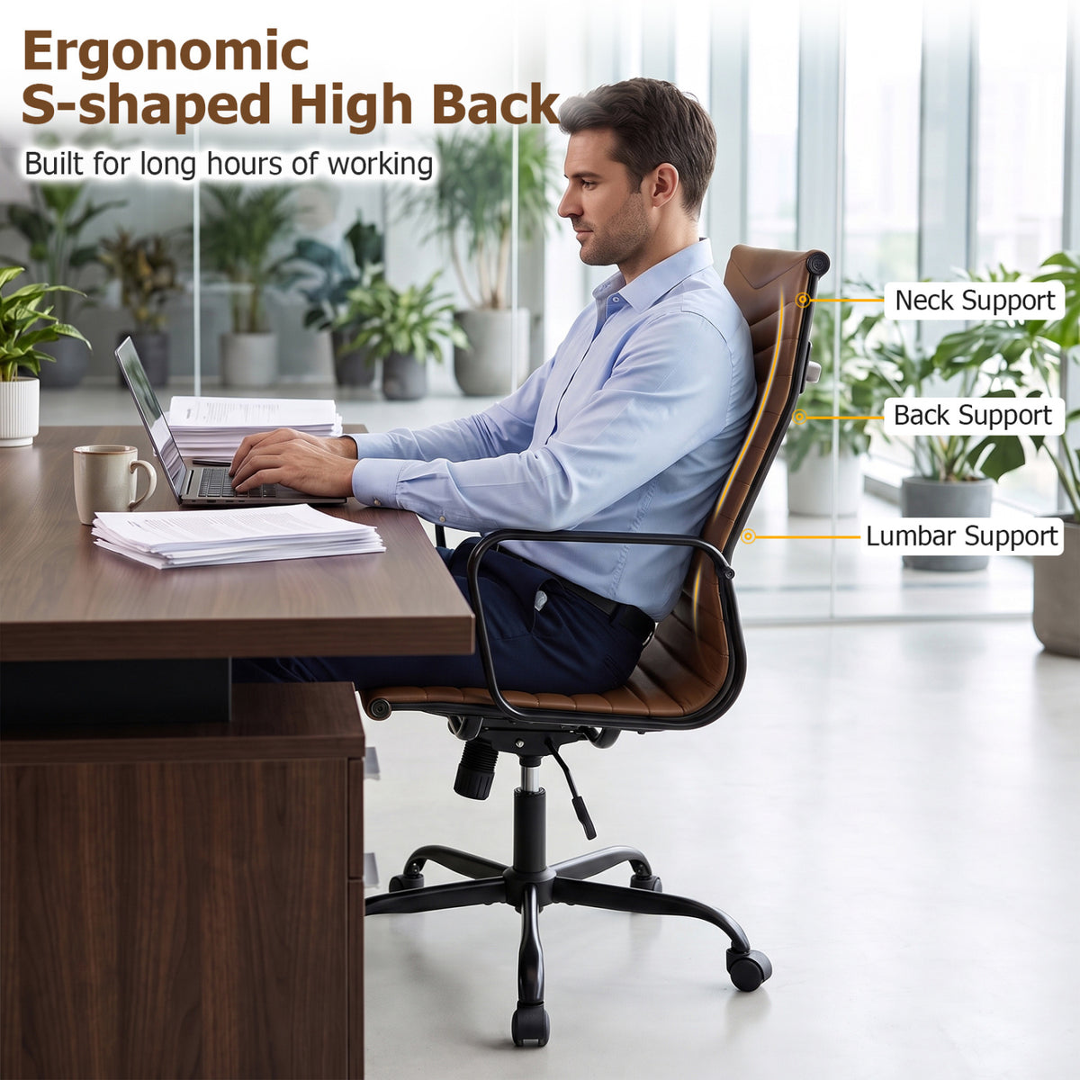 Ribbed Office Chair High Back PU Leather for Home Office with Adjustable Height-Brown