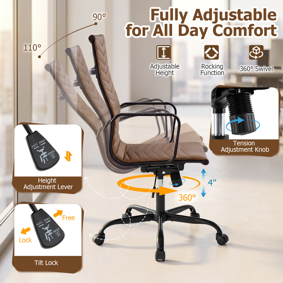 Ribbed Office Chair High Back PU Leather for Home Office with Adjustable Height-Brown