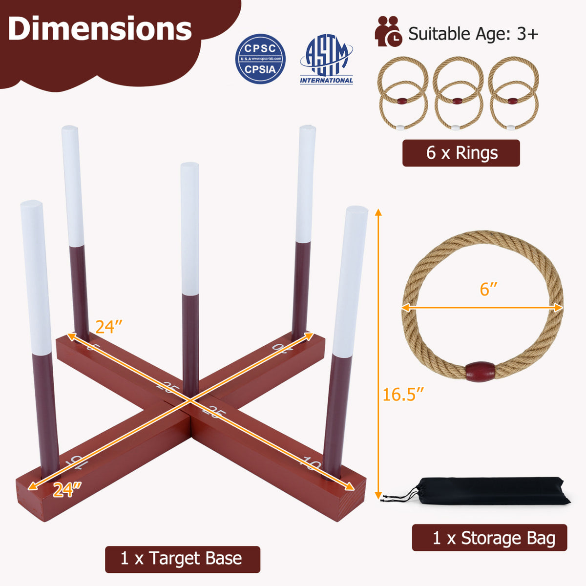 Ring Toss Game for Kids and Adult with 6 Rope Rings and Storage Bag-Brown