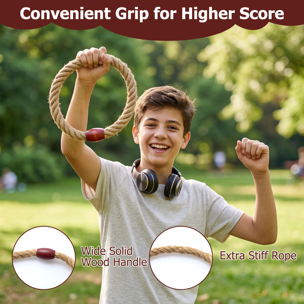 Ring Toss Game for Kids and Adult with 6 Rope Rings and Storage Bag-Brown