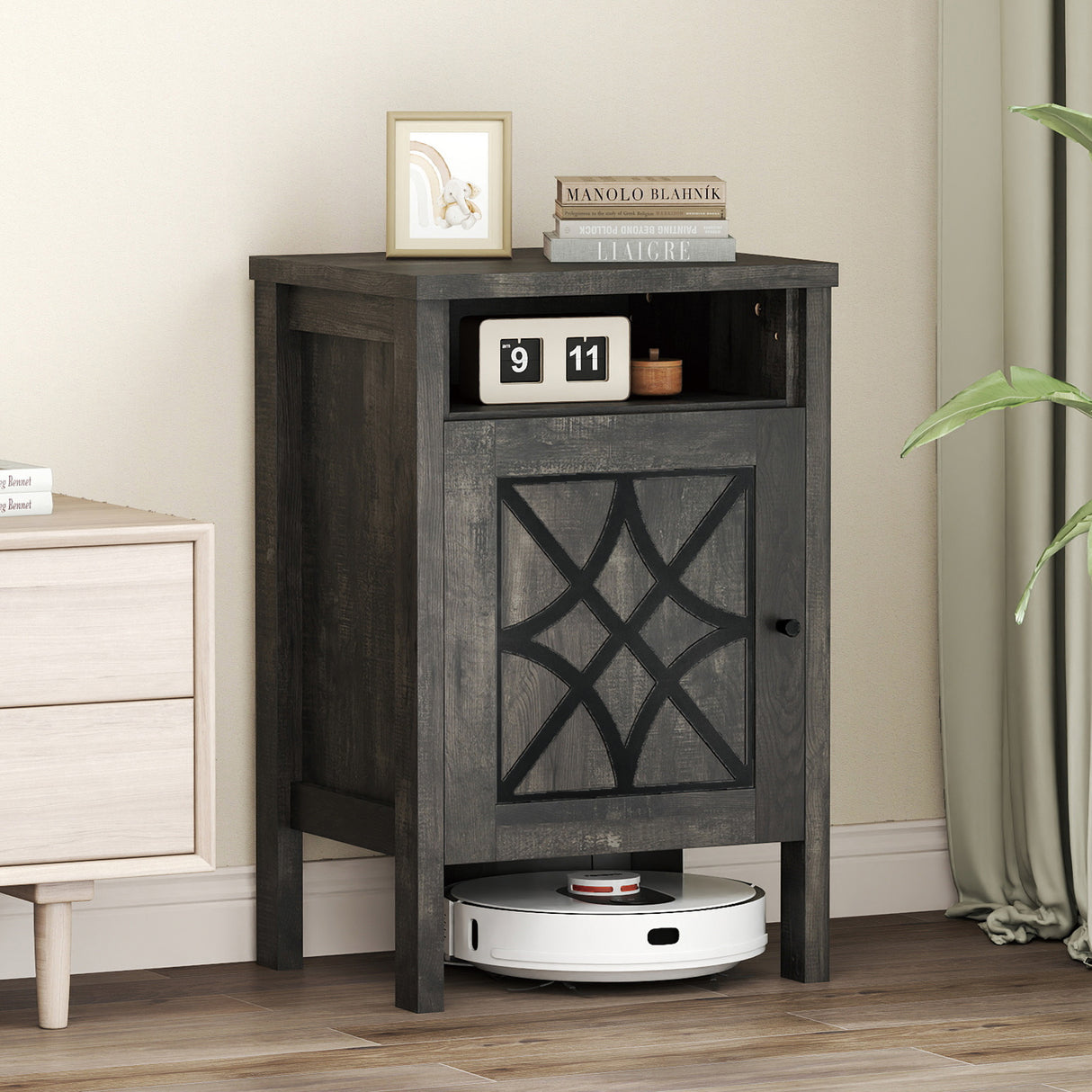 Robot Vacuum Storage Cabinet with Door and Open Shelf for Living Room Bedroom-Gray