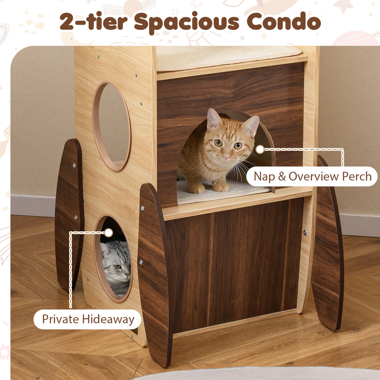 Rocket Cat Tree 47 Inch Large Wooden Cat Tower for Indoor Cats-Natural