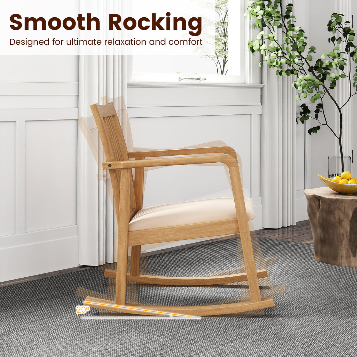 Rocking Chair with Slatted Back and Curved Armrests-Natural