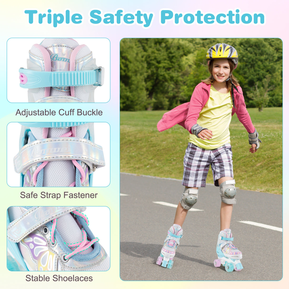 Roller Skates for Teens 4 Sizes Adjustable with Light-up Wheels for Boys Girls Ages 13+-Blue