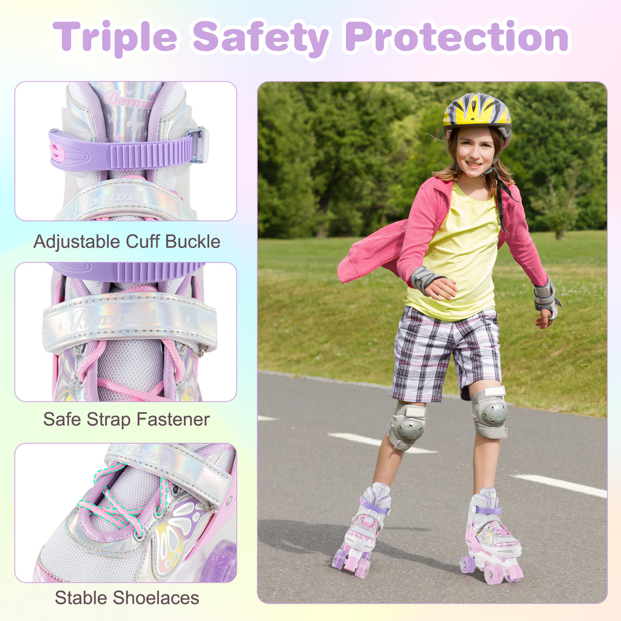 Roller Skates for Teens 4 Sizes Adjustable with Light-up Wheels for Boys Girls Ages 13+-Light Pink
