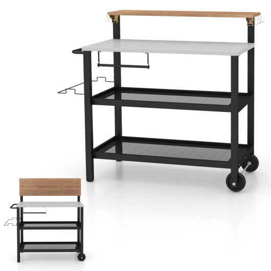Rolling Bar Cart with Flip-up Table and Hooks for Kitchen