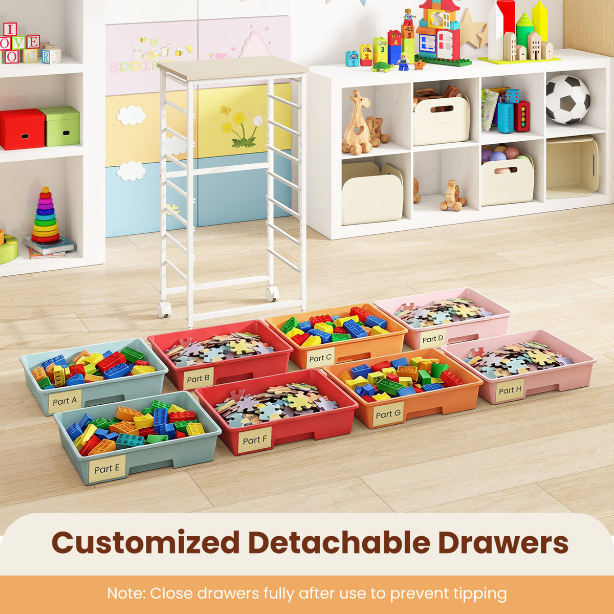 Rolling Cart with 8 Drawers and Wooden Tabletop with Lockable Wheels for Home Office-Macaron + Natural