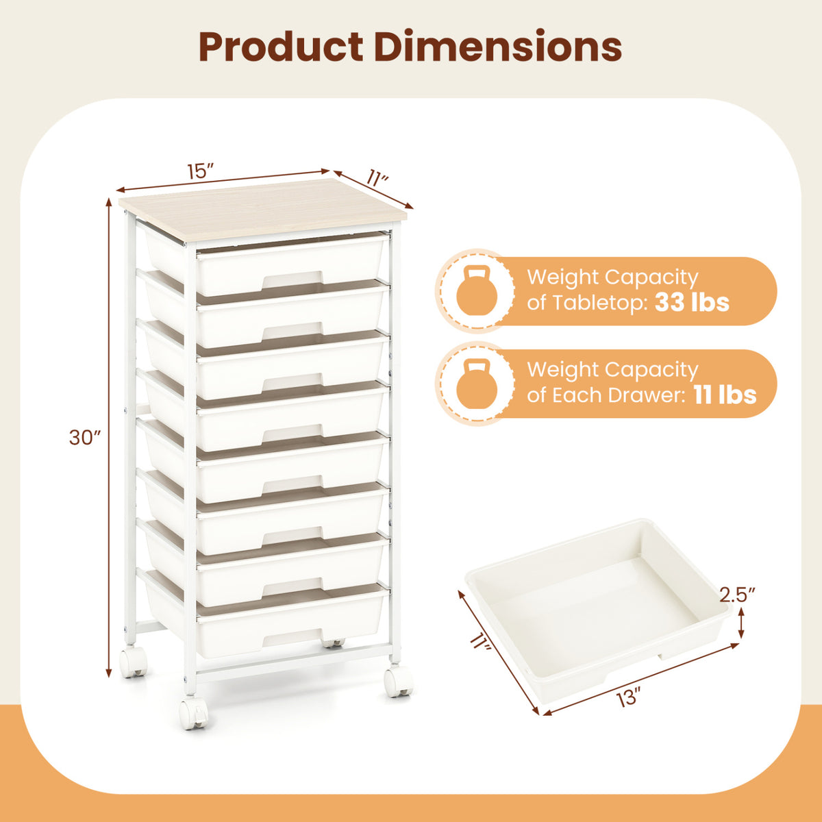 Rolling Cart with 8 Drawers and Wooden Tabletop with Lockable Wheels for Home Office-White + Natural