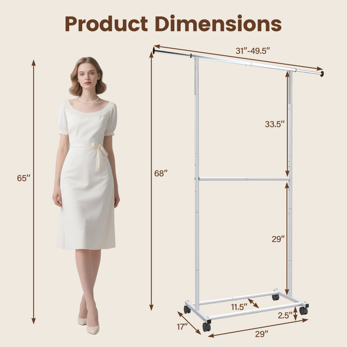 Rolling Clothes Rack Double-Rod Extendable Garment Stand for Hanging Clothes
