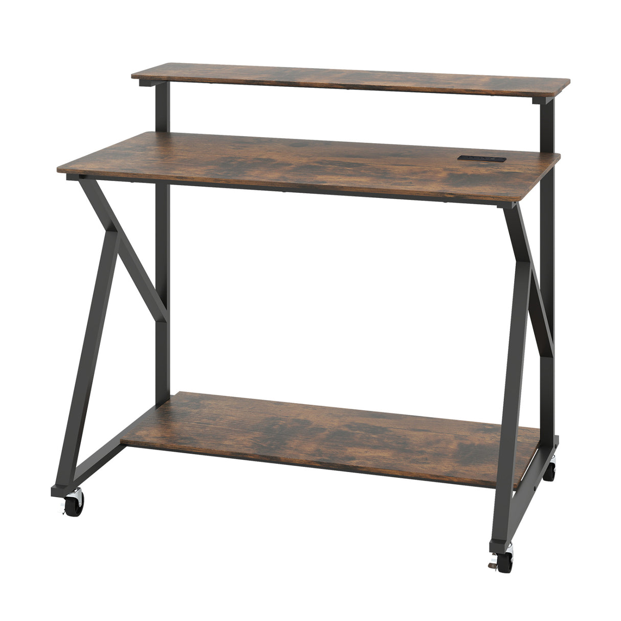Rolling Computer Desk with Charging Station and Monitor Shelf Storage for Home Office-Rustic Brown