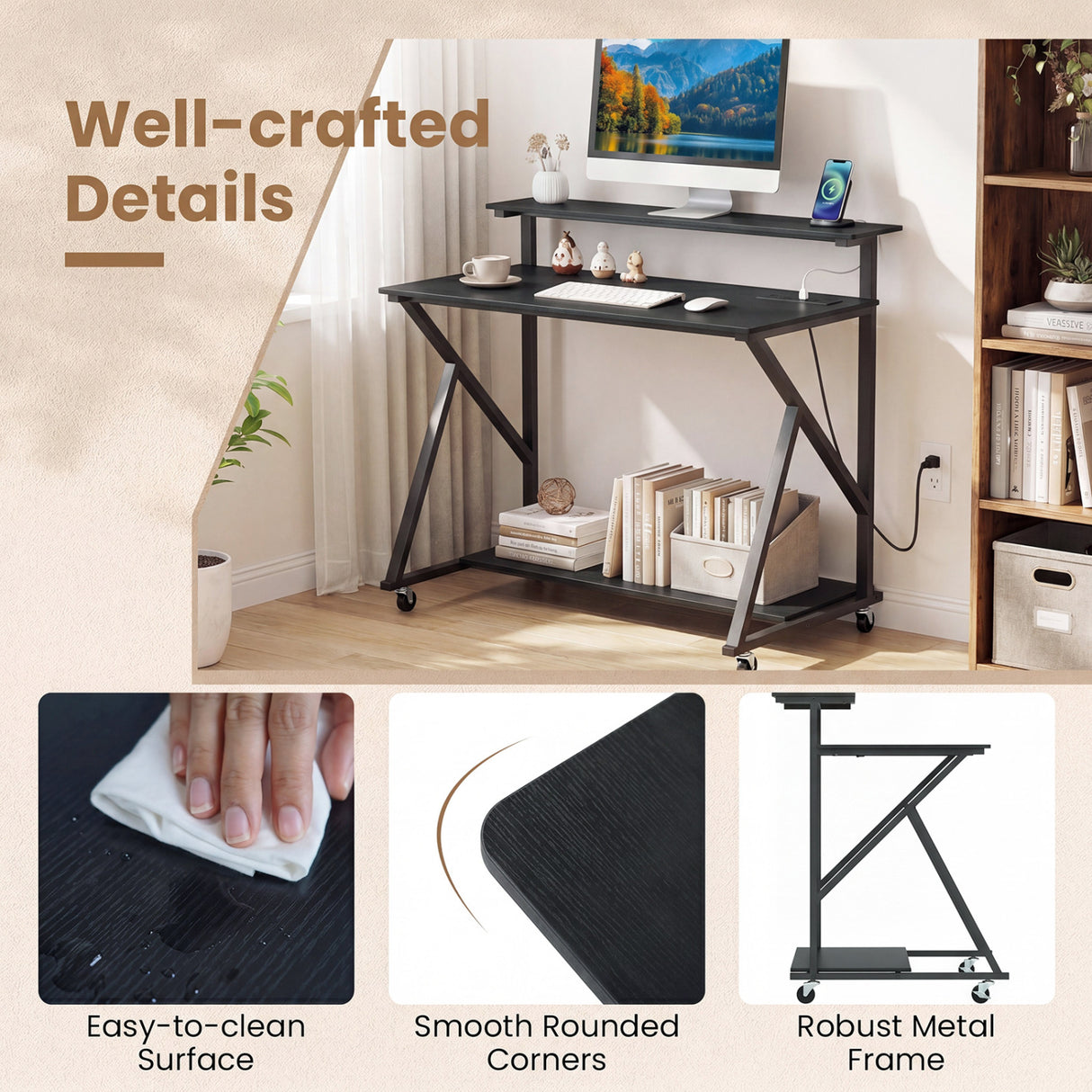 Rolling Computer Desk with Charging Station and Monitor Shelf Storage for Home Office-Black