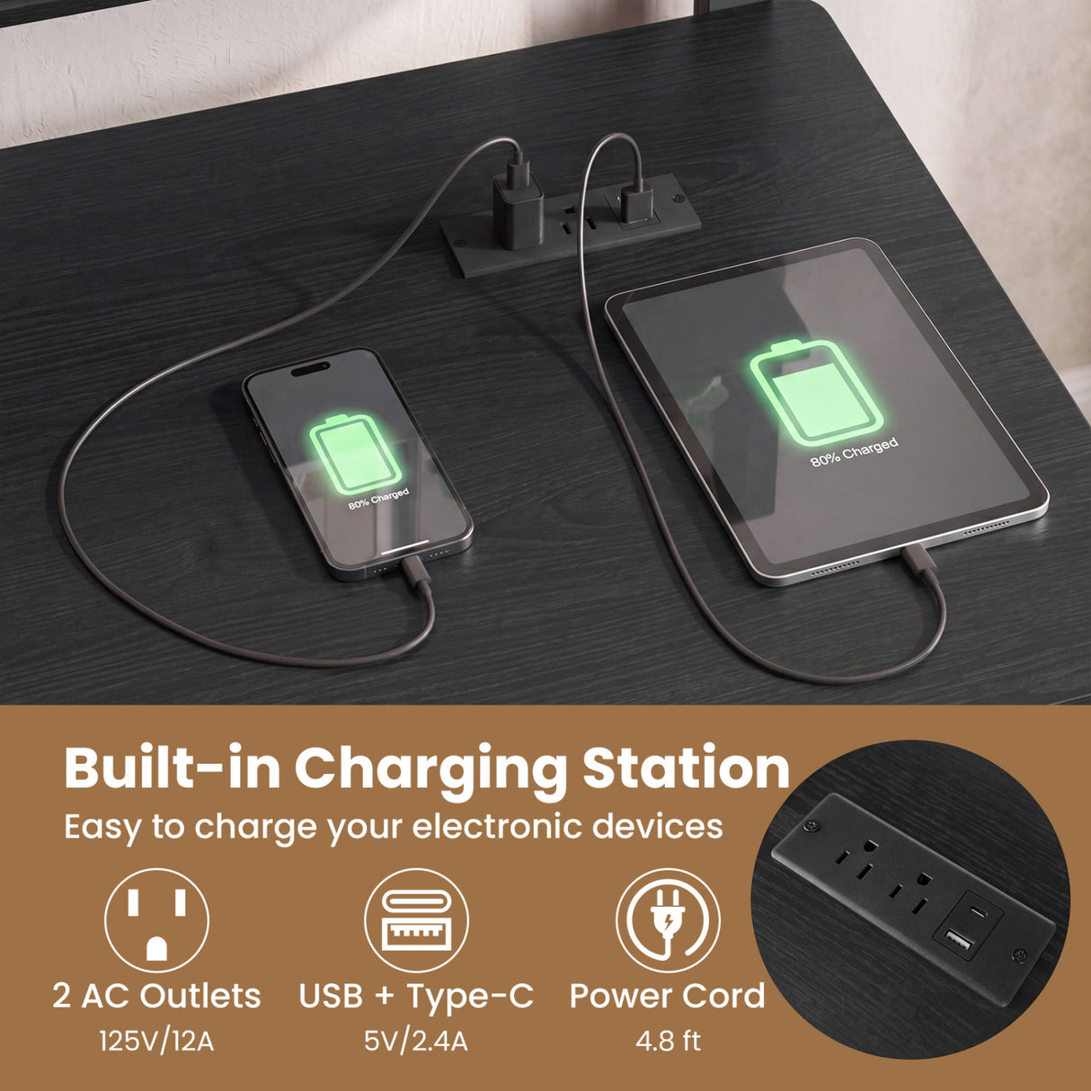 Rolling Computer Desk with Charging Station and Monitor Shelf Storage for Home Office-Black