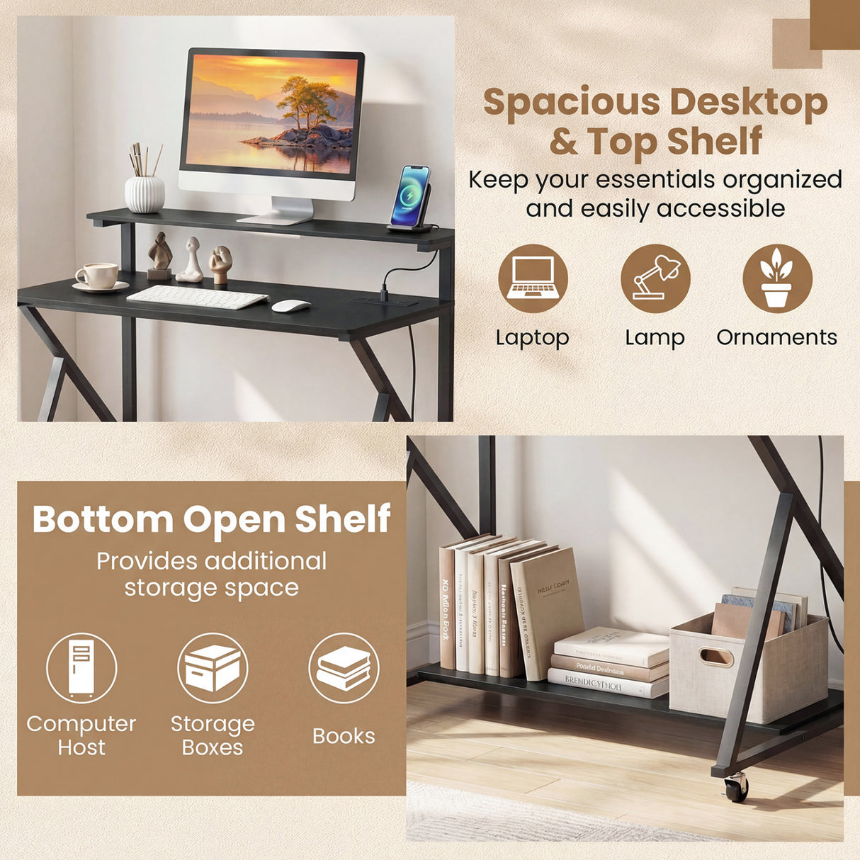 Rolling Computer Desk with Charging Station and Monitor Shelf Storage for Home Office-Black
