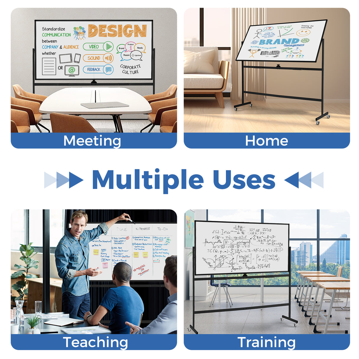 Rolling Double-Sided Magnetic Whiteboard on Wheels with Stand and Aluminum Alloy Frame-Black