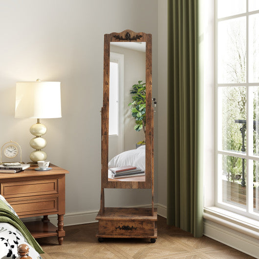 Rolling Floor Standing Mirrored Jewelry Armoire with Lock and Drawers-Rustic Brown