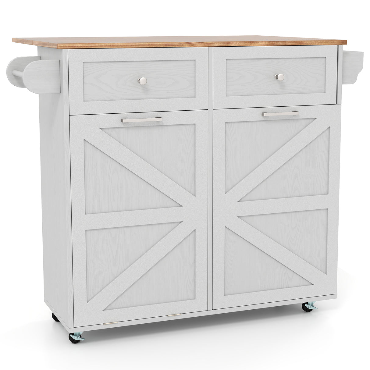 Rolling Kitchen Island with Trash Can Cabinet and Rubber Universal Wheels-Grey