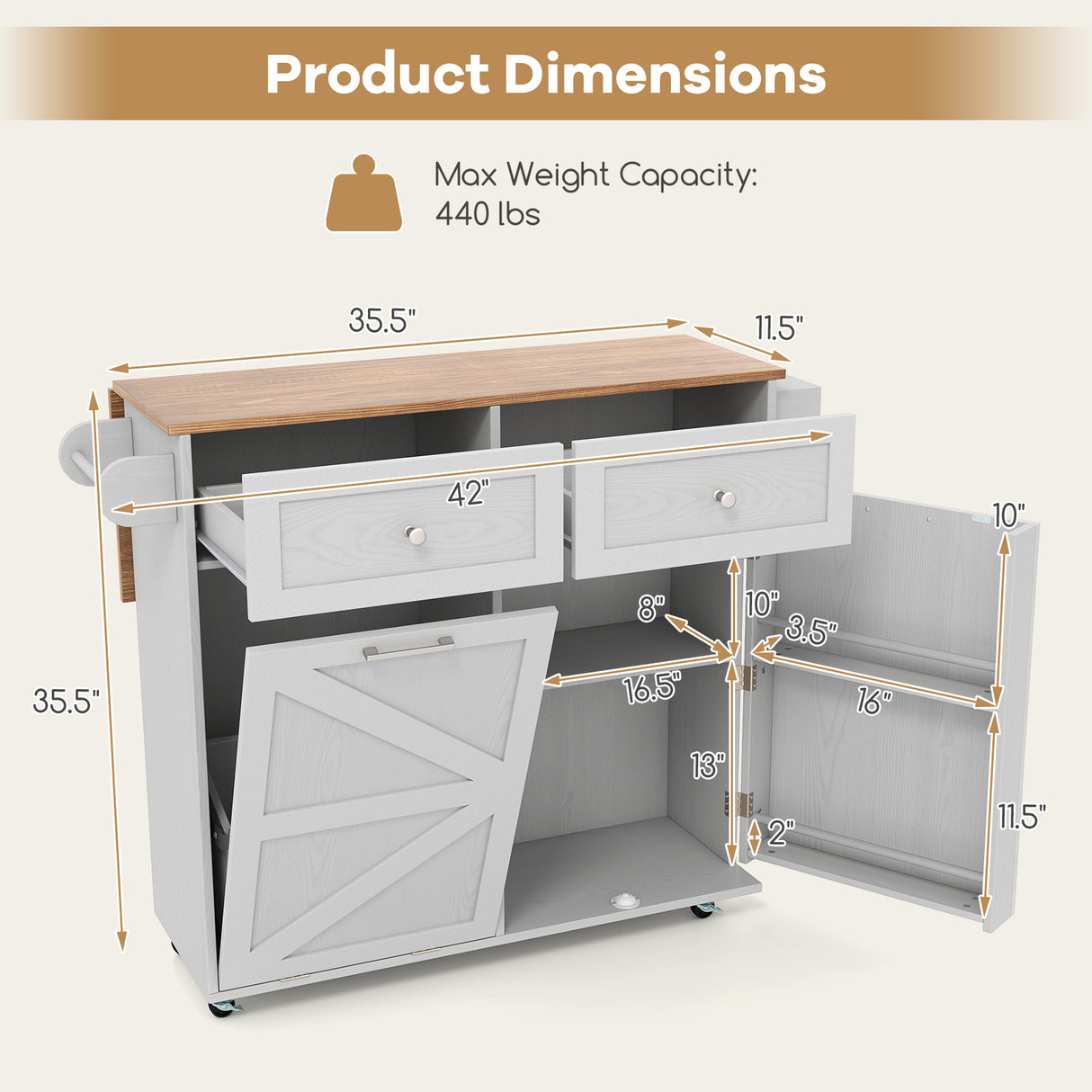 Rolling Kitchen Island with Trash Can Cabinet and Rubber Universal Wheels-Grey