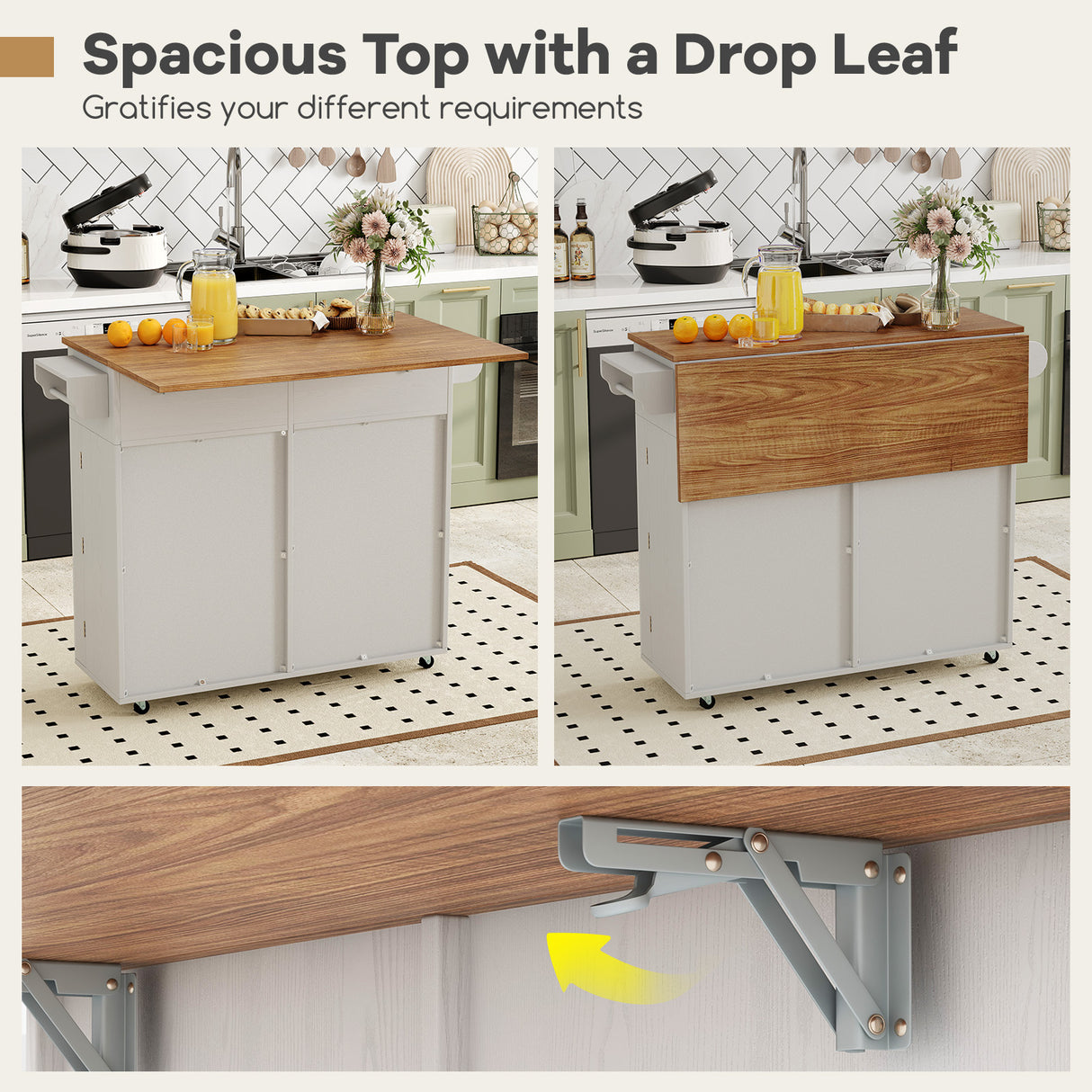 Rolling Kitchen Island with Trash Can Cabinet and Rubber Universal Wheels-Grey