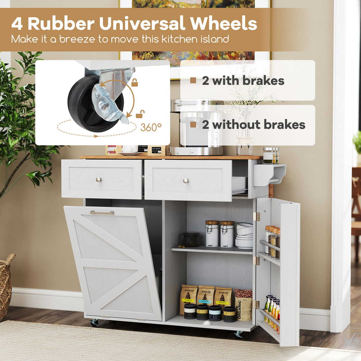 Rolling Kitchen Island with Trash Can Cabinet and Rubber Universal Wheels-Grey