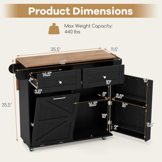 Rolling Kitchen Island with Trash Can Cabinet and Rubber Universal Wheels-Black