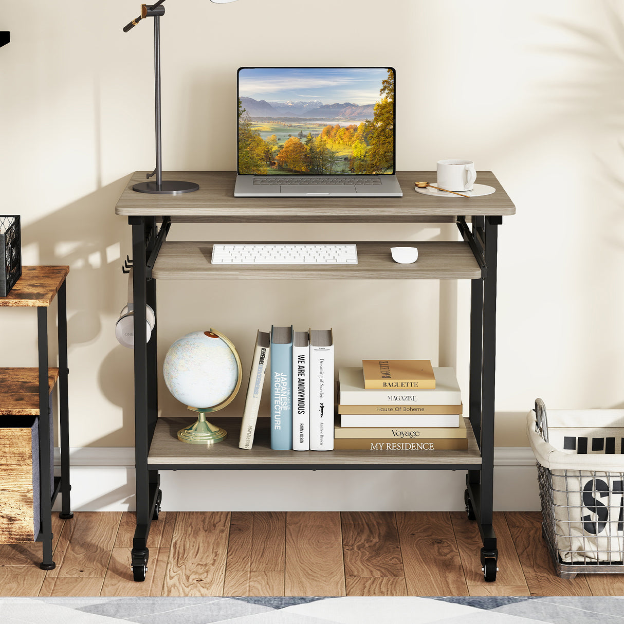 Rolling Laptop Table with Pull-out Keyboard Tray and Hooks-Grey