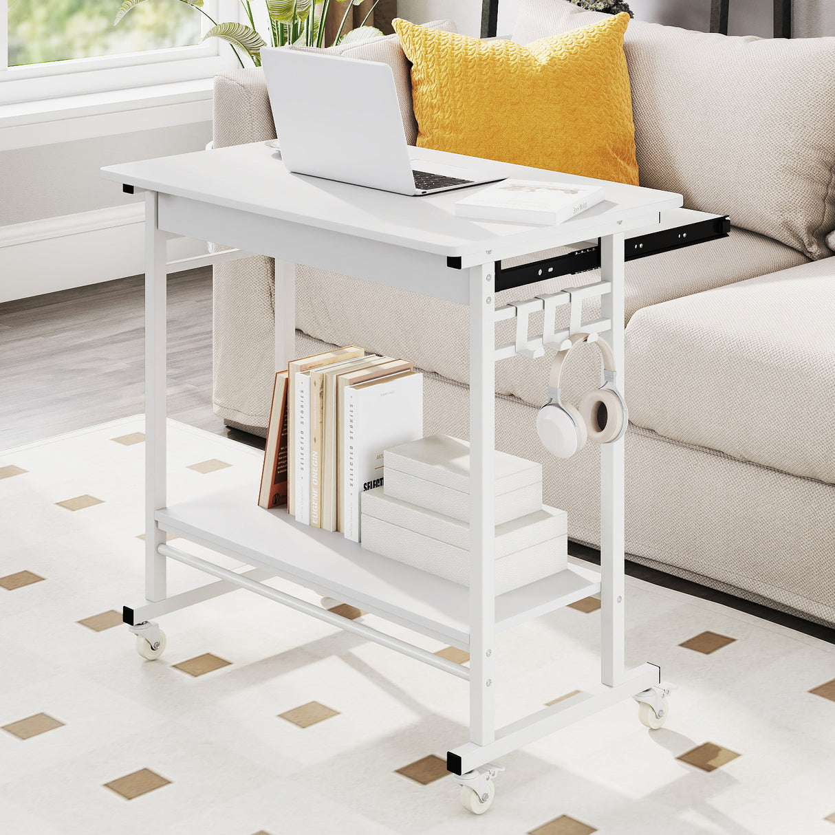 Rolling Laptop Table with Pull-out Keyboard Tray and Hooks-White