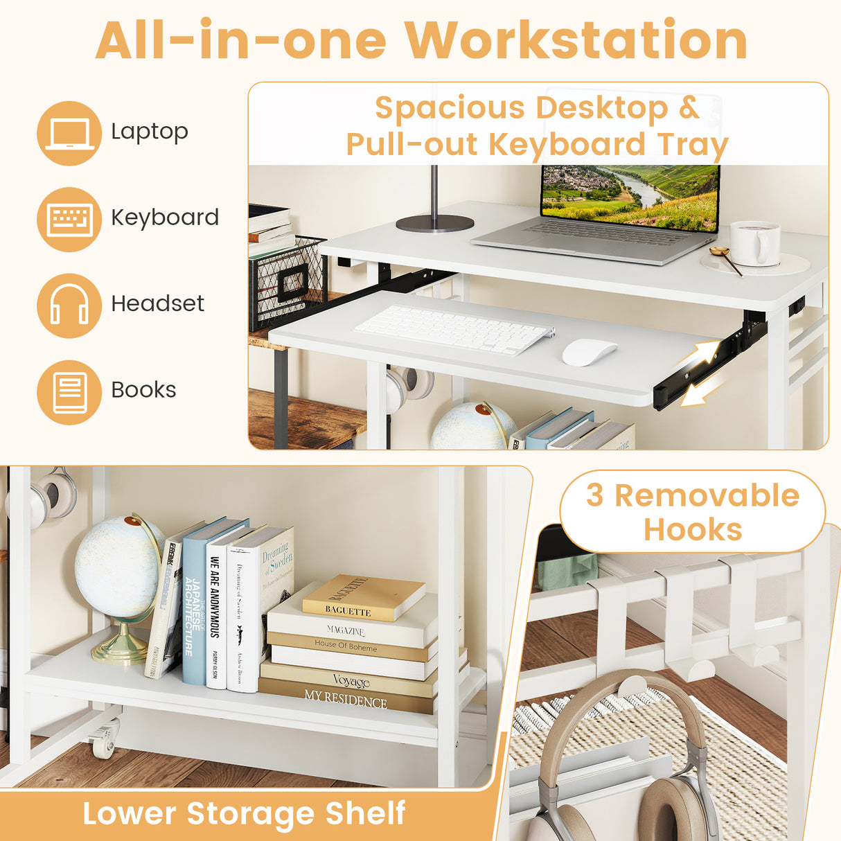 Rolling Laptop Table with Pull-out Keyboard Tray and Hooks-White