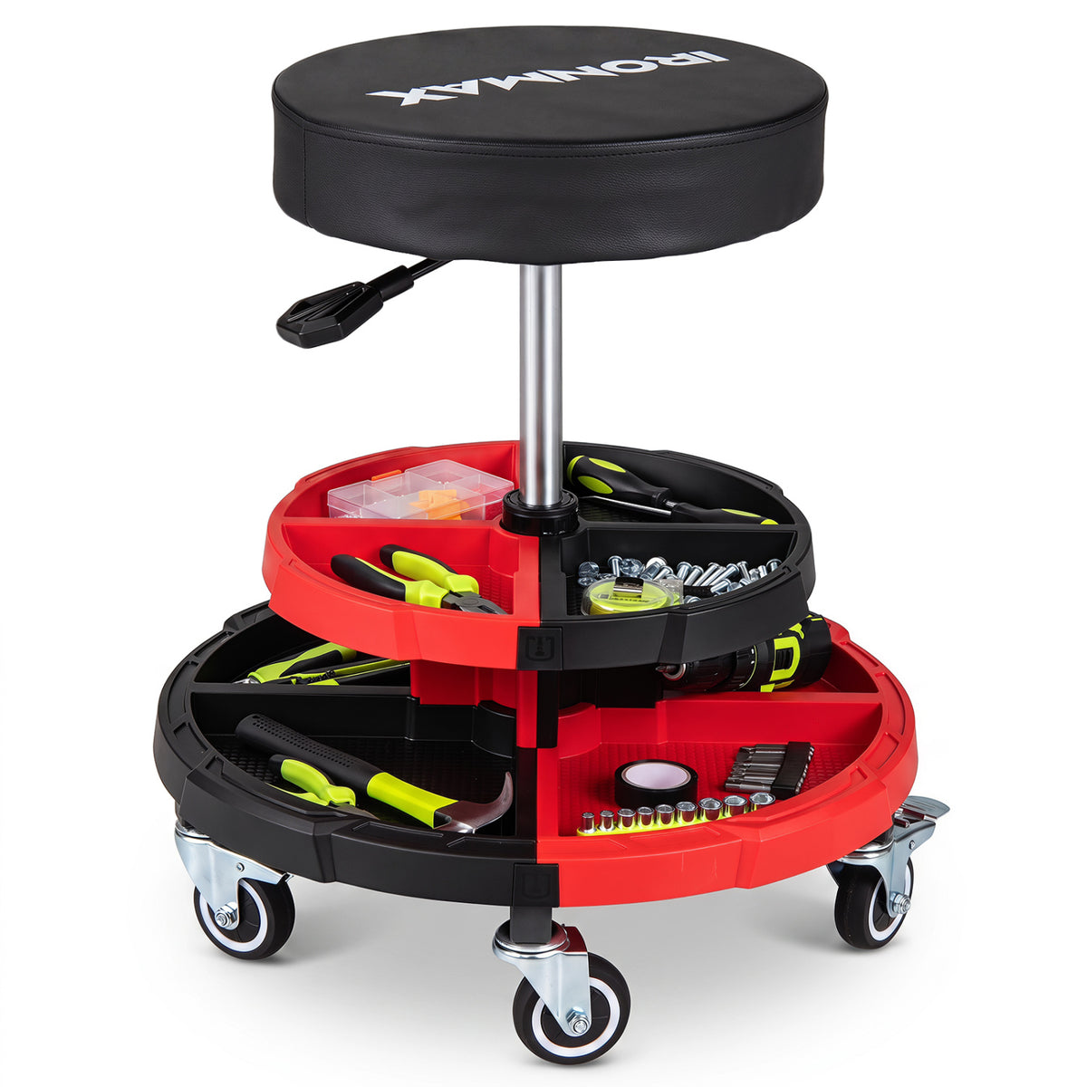 Rolling Mechanic Stool with Cushioned Seat and 5 Wheels 330 LBS-Red