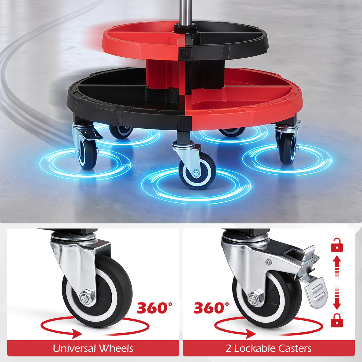 Rolling Mechanic Stool with Cushioned Seat and 5 Wheels 330 LBS-Red