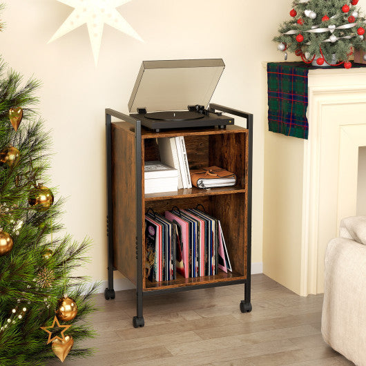 Mobile Record Player Stand with Power Outlet-Rustic Brown