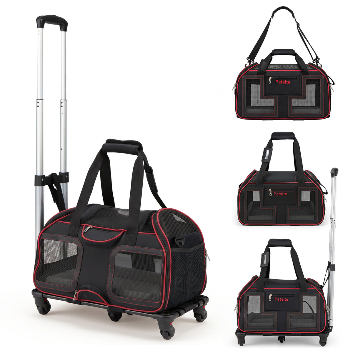 Rolling Pet Carrier with Wheels & Telescopic Handle and Mesh Windows for Pets-Red